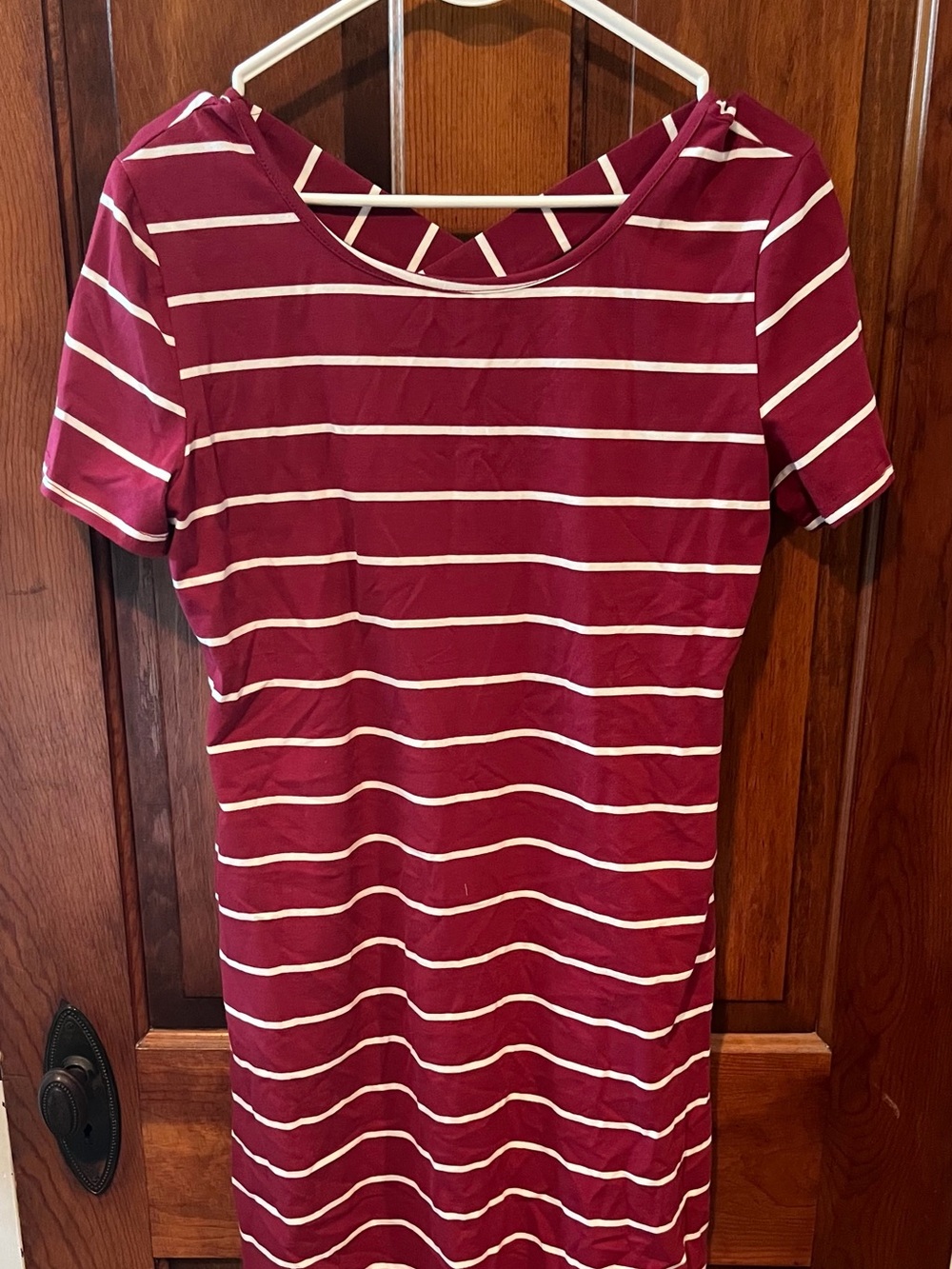 Striped Burgundy Midi Dress with Short Sleeves